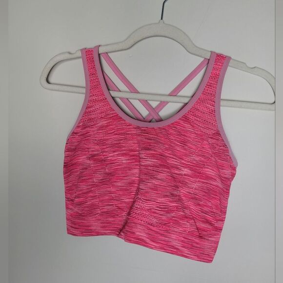 Hot Pink Sports Bra Medium Support Criss Cross Double Strap Pullover Workout - Picture 3 of 7